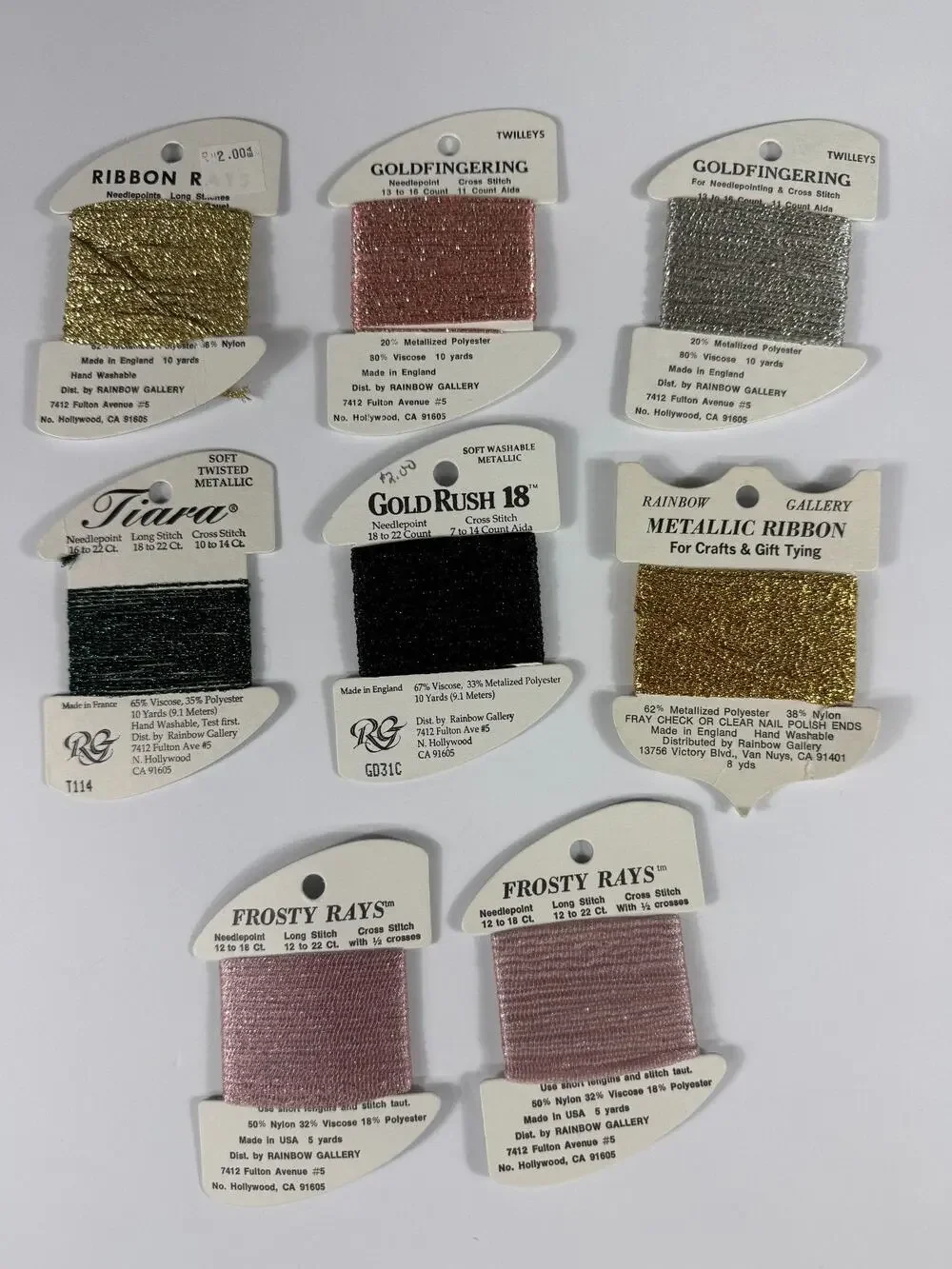 Rainbow Gallery Specialty Metallic Thread Lot 8 Cards Ribbon Rays Goldfingering